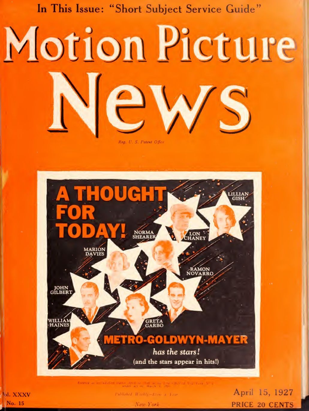 MOTION PICTURE NEWS magazine side cover 15 April 1927