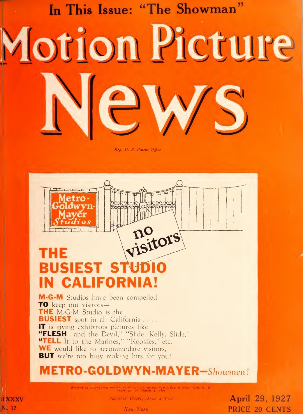 MOTION PICTURE NEWS magazine side cover 29 April 1927