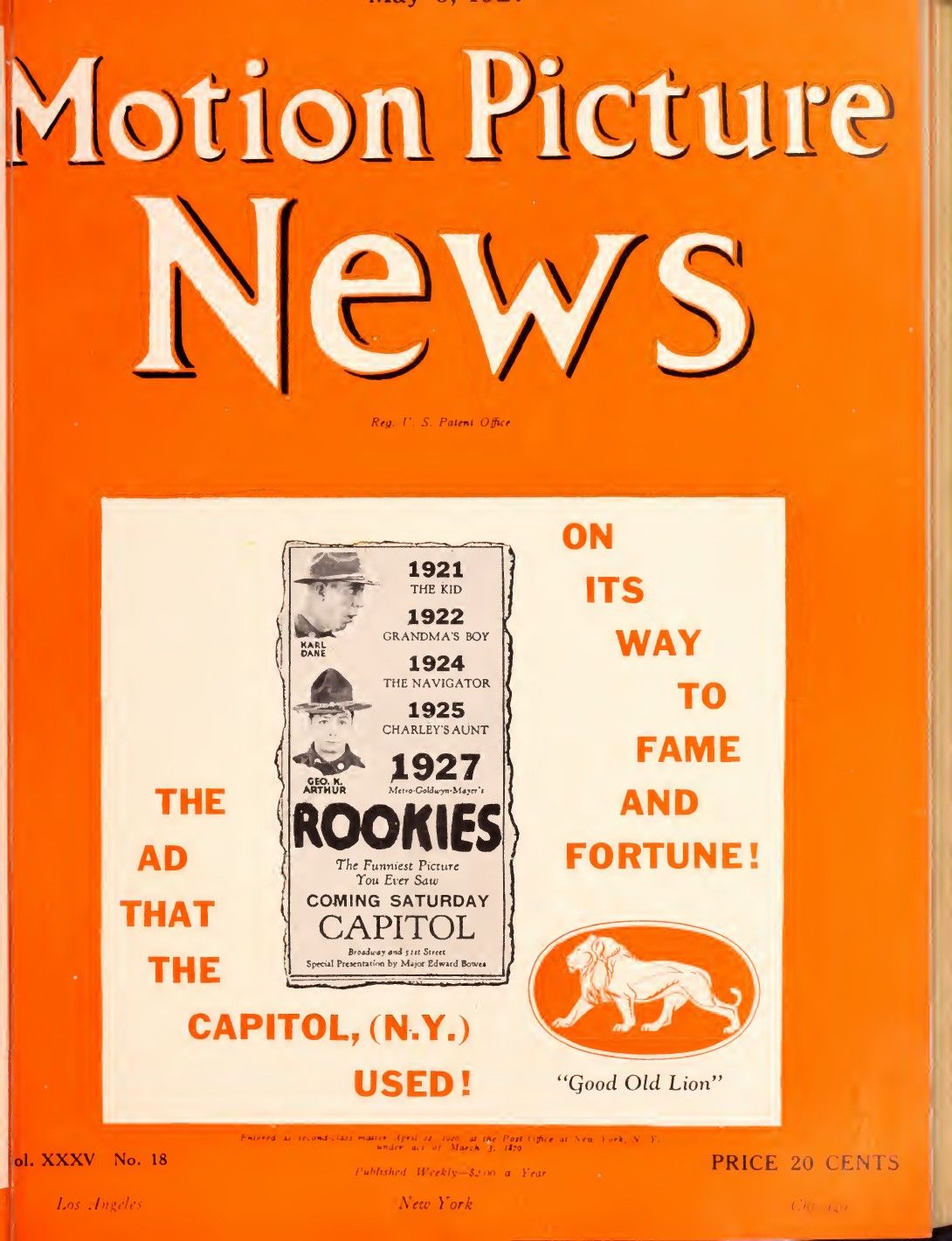 MOTION PICTURE NEWS magazine side cover 6 May 1927