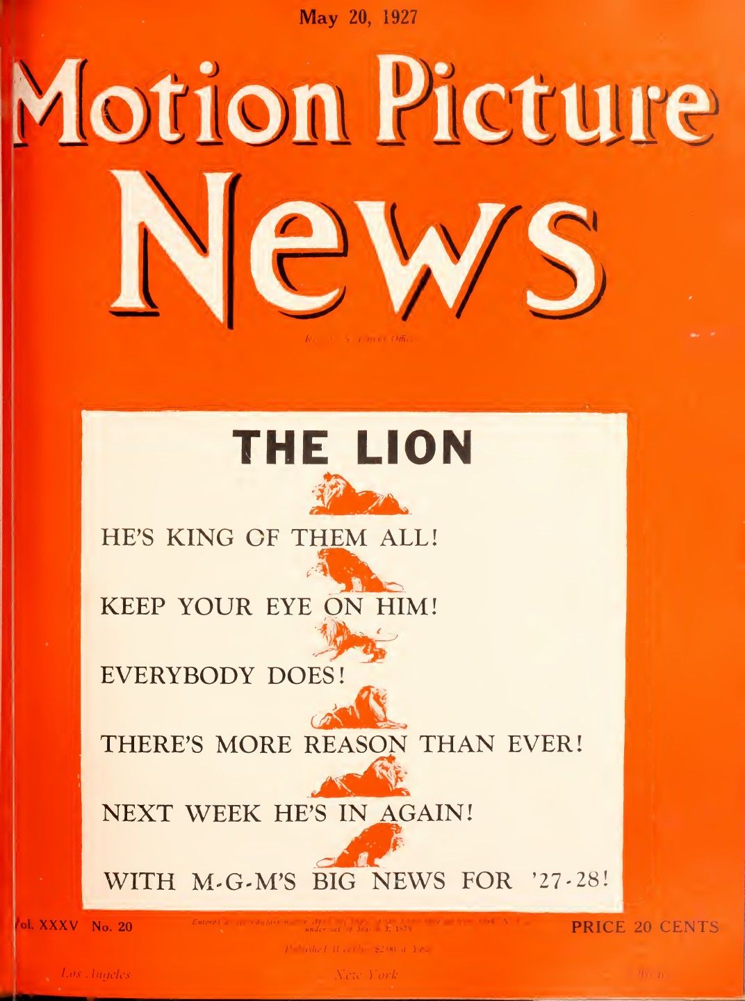 MOTION PICTURE NEWS magazine side cover 20 May 1927
