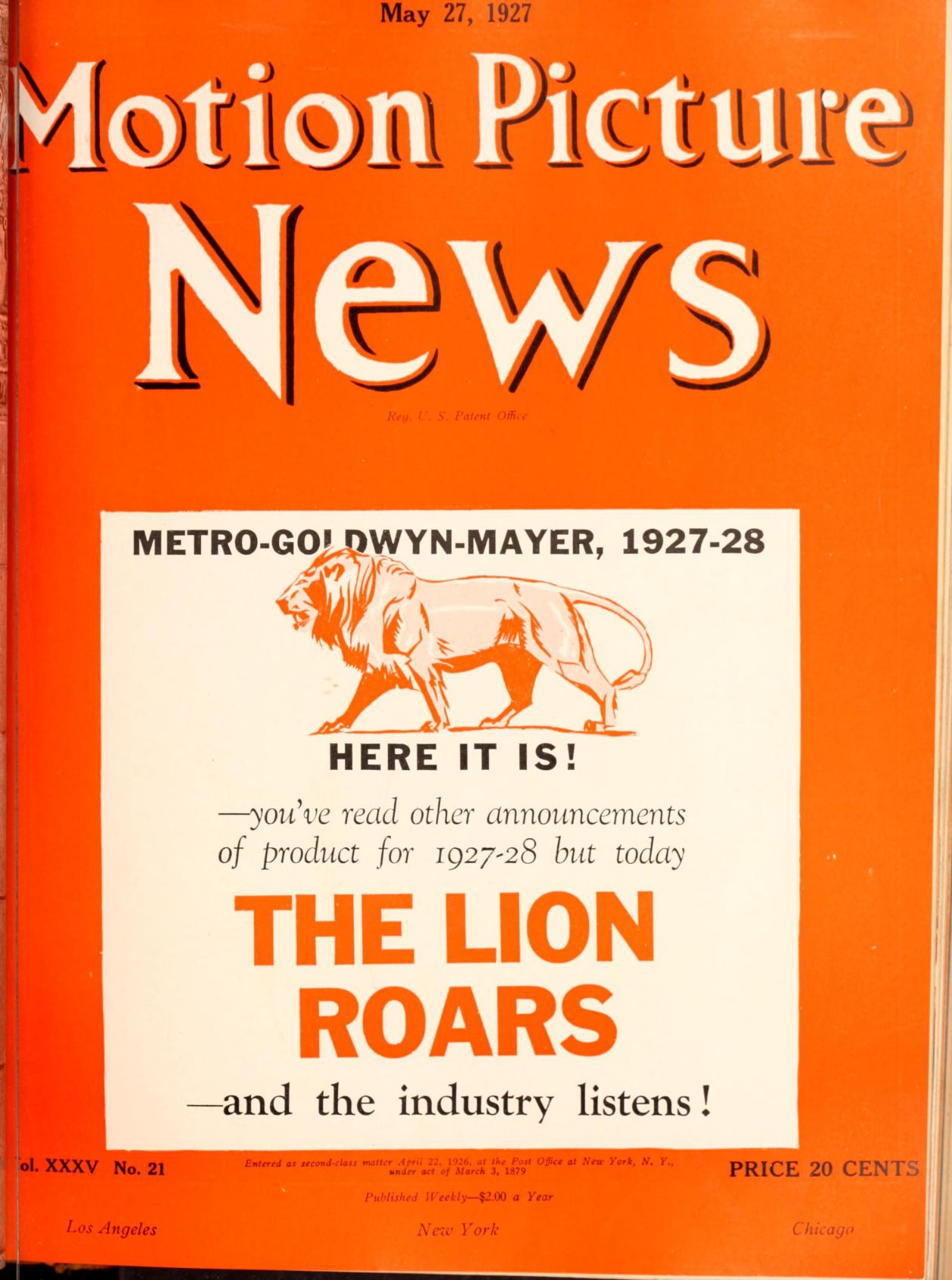 MOTION PICTURE NEWS magazine side cover 27 May 1927