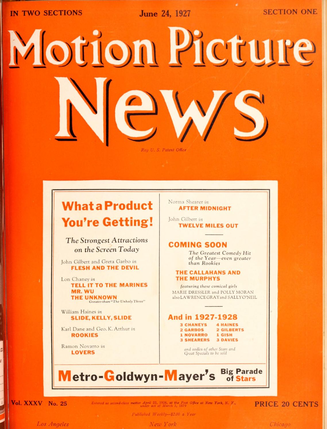 MOTION PICTURE NEWS magazine side cover 24 June 1927