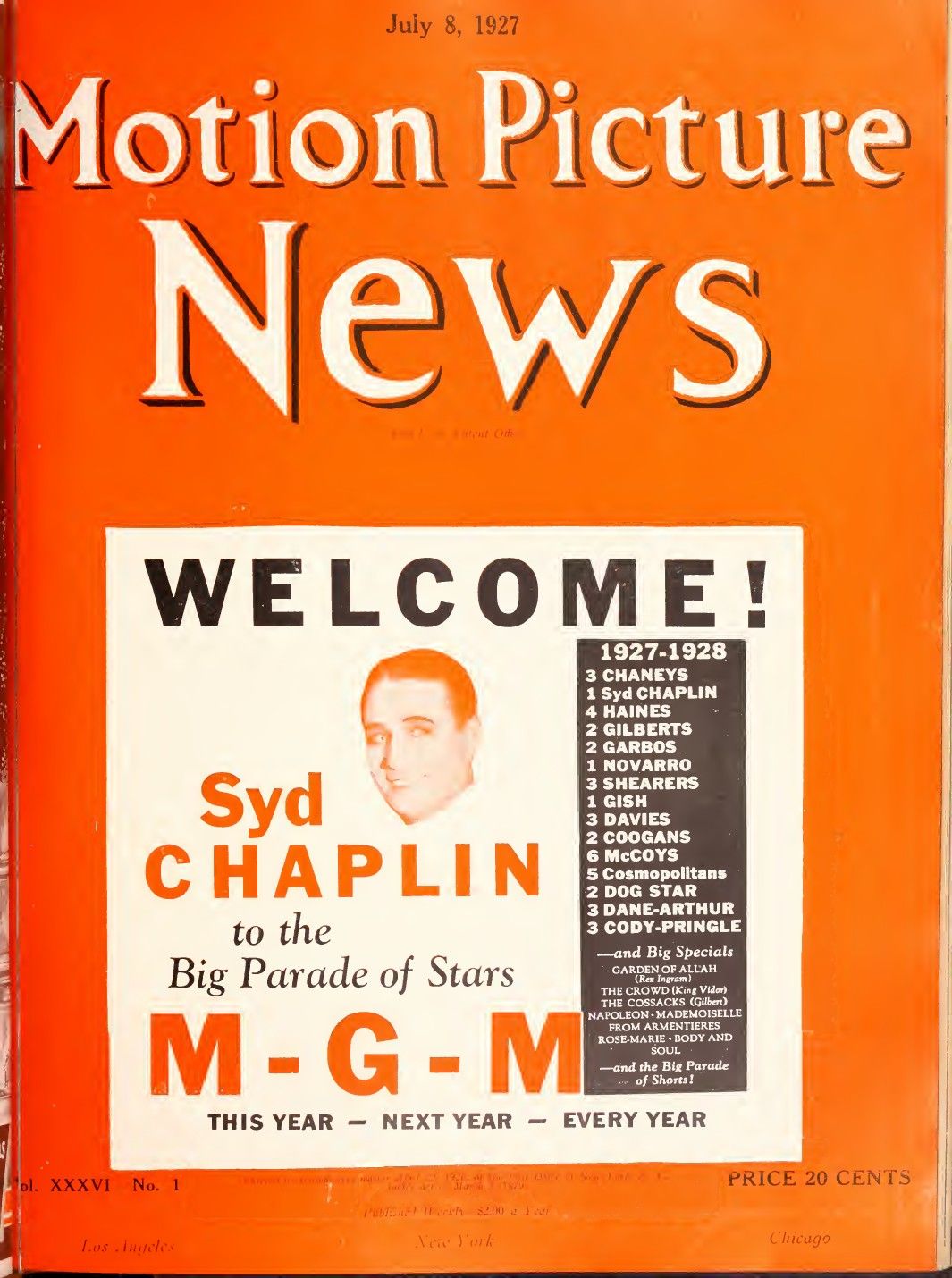 MOTION PICTURE NEWS magazine side cover 8 July 1927