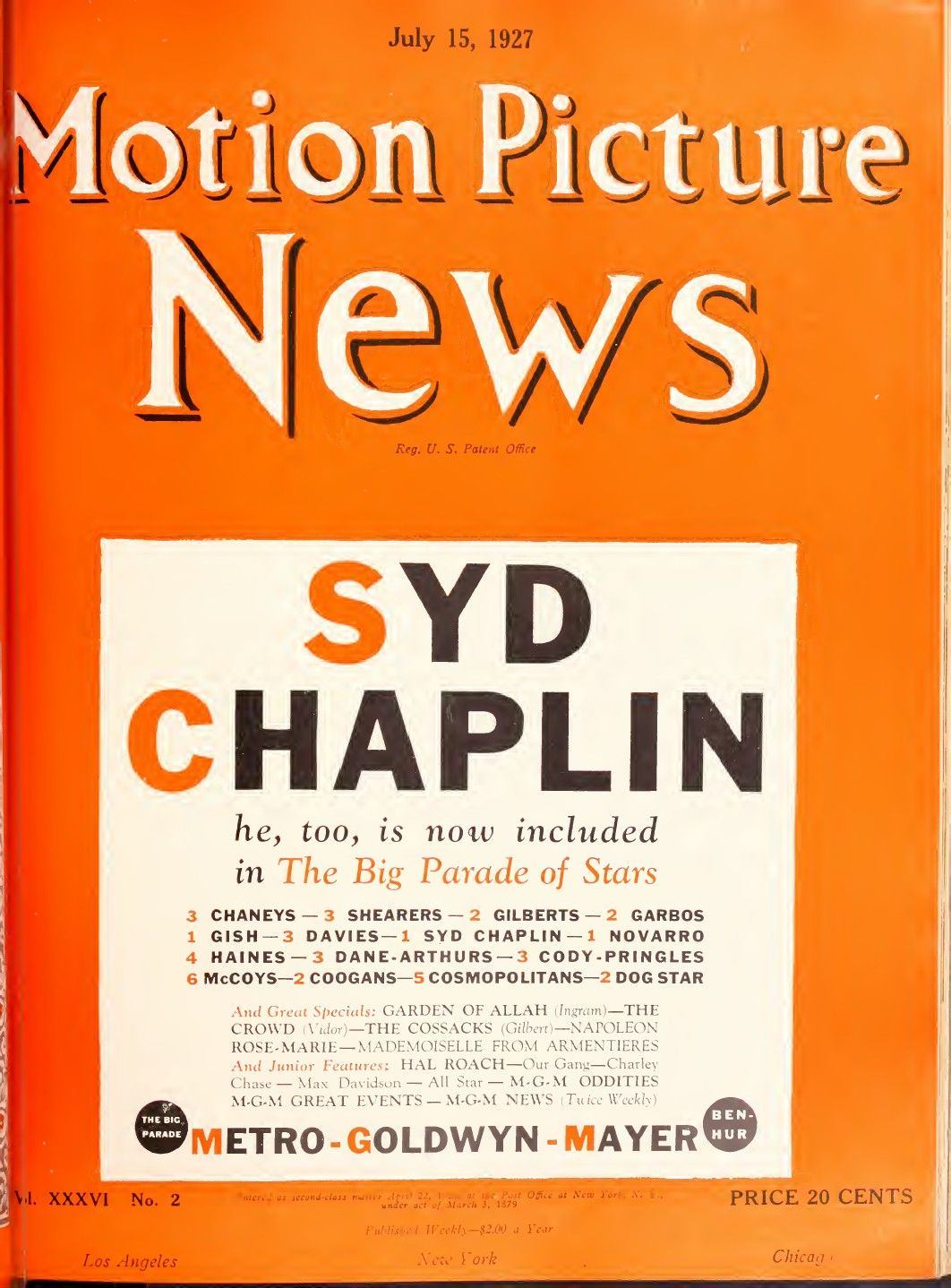 MOTION PICTURE NEWS magazine side cover 15 July 1927