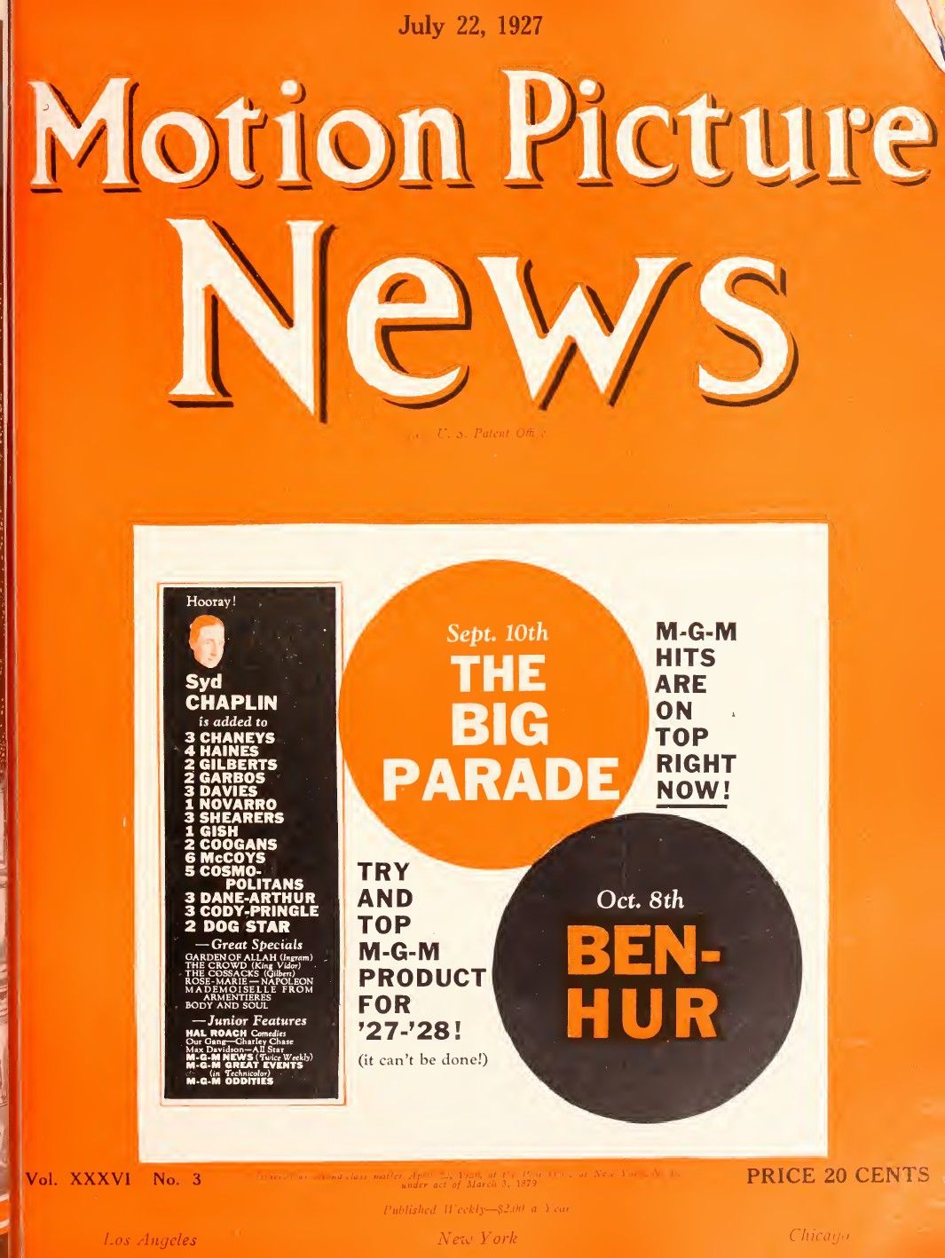 MOTION PICTURE NEWS magazine side cover 22 July 1927