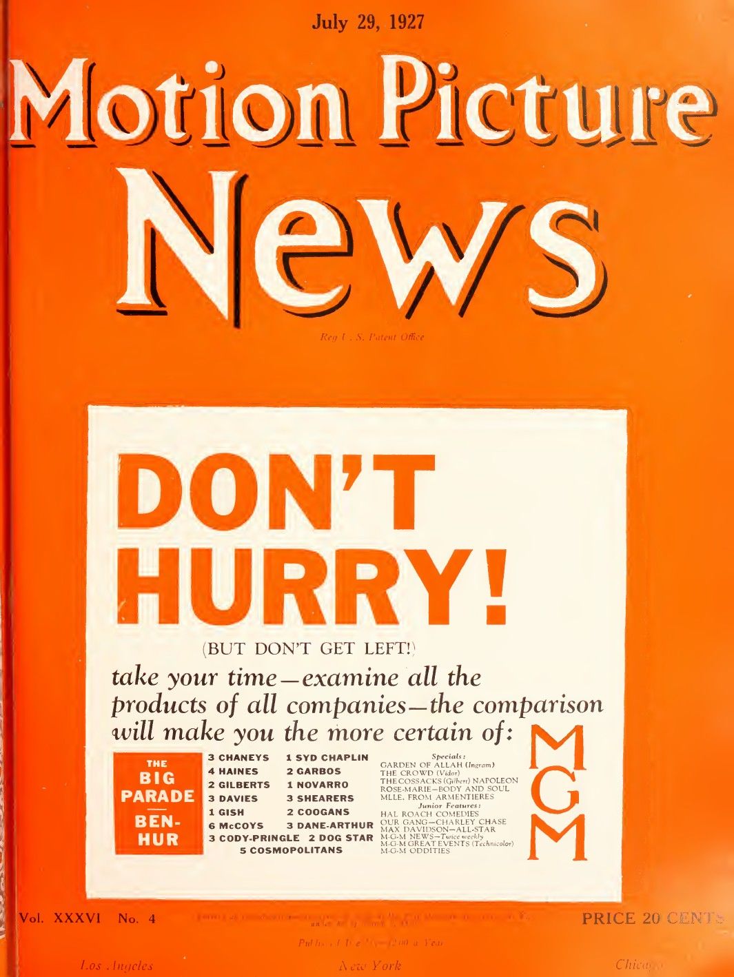 MOTION PICTURE NEWS magazine side cover 29 July 1927