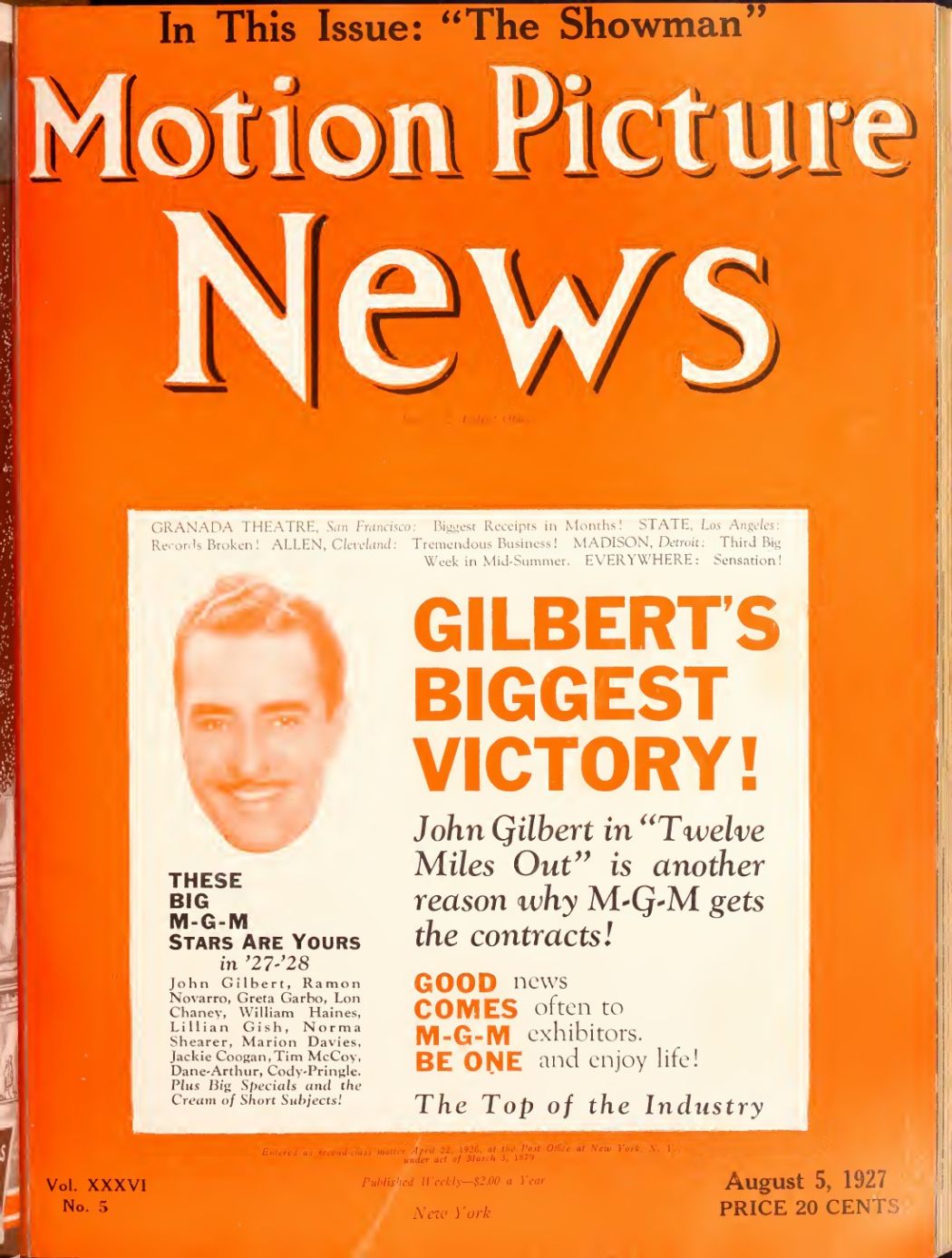 MOTION PICTURE NEWS magazine side cover 5 August 1927