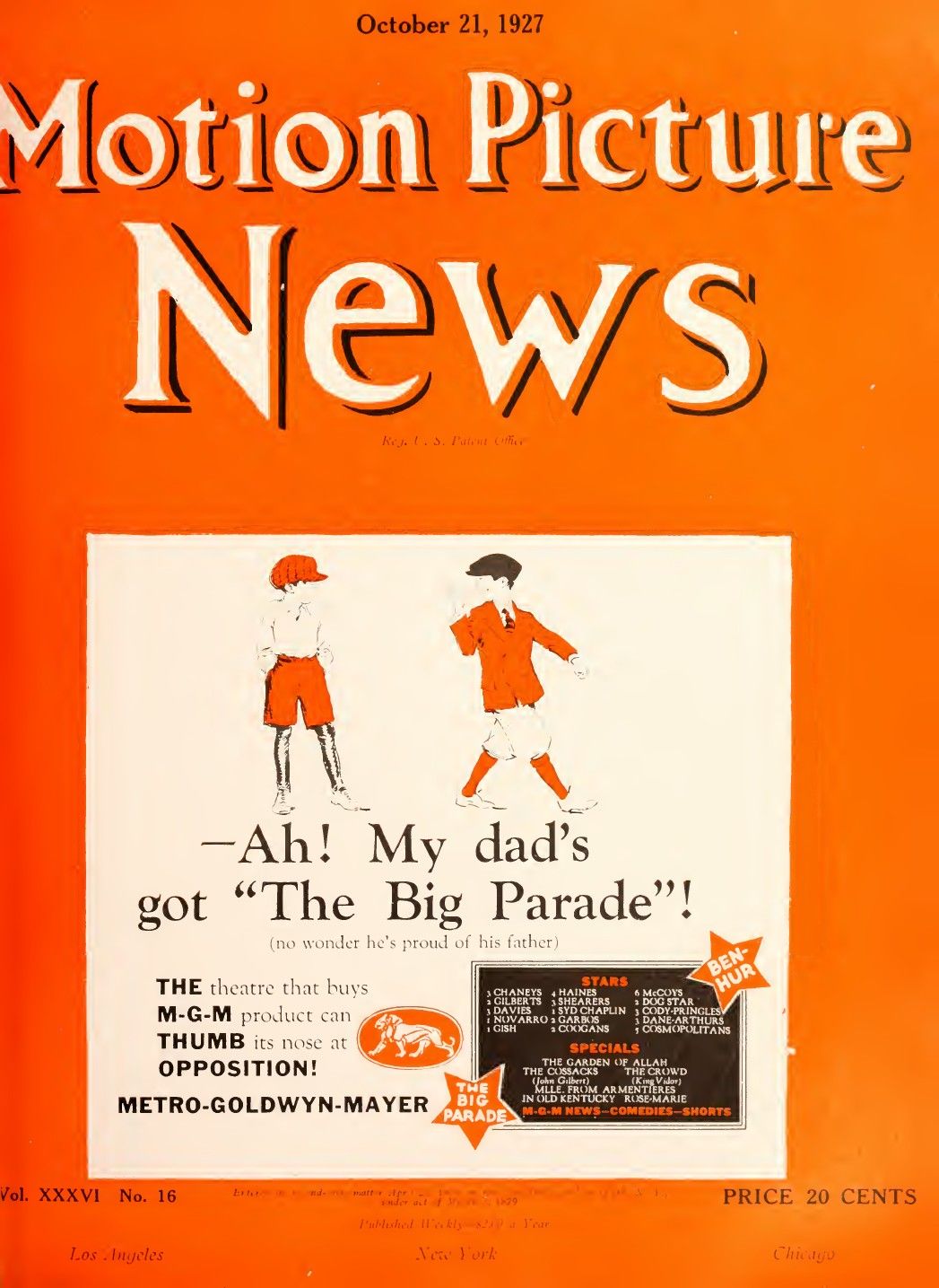MOTION PICTURE NEWS magazine side cover 21 October 1927