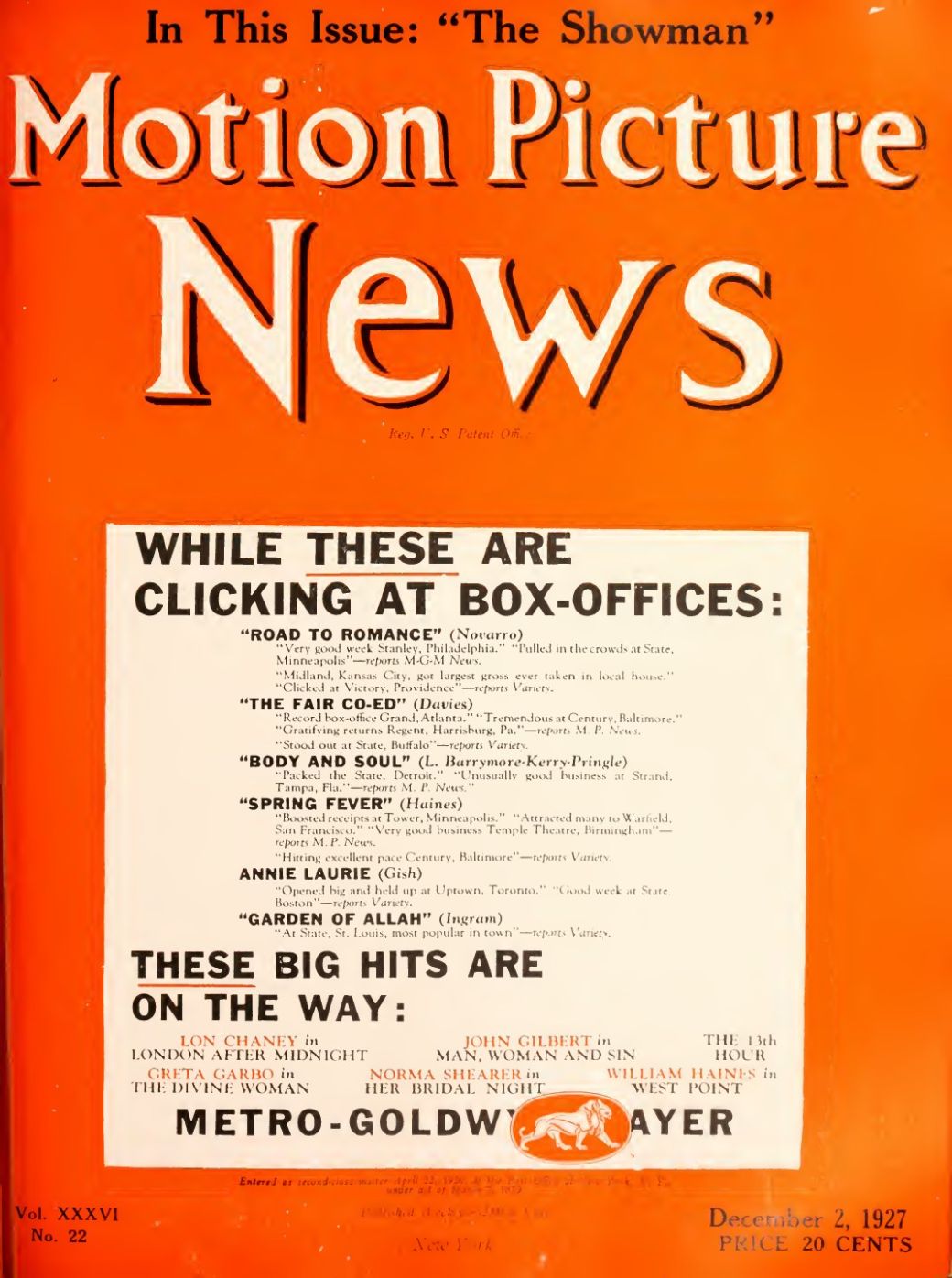 MOTION PICTURE NEWS magazine side cover 2 December 1927