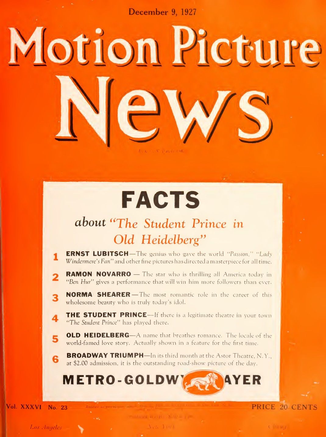 MOTION PICTURE NEWS magazine side cover 9 December 1927