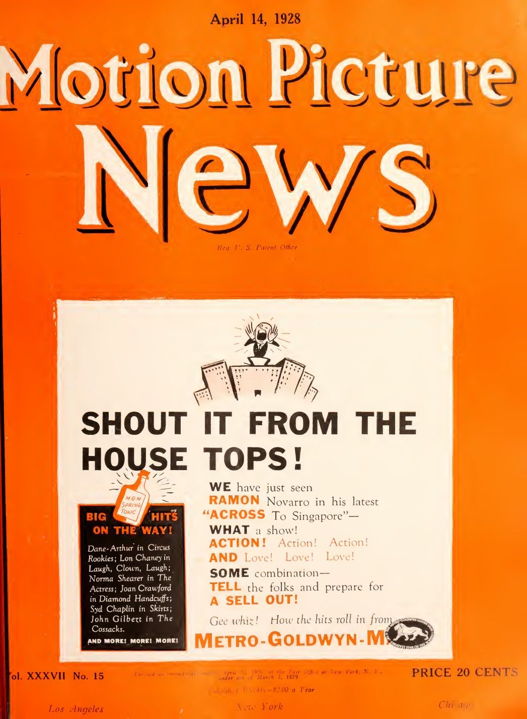 MOTION PICTURE NEWS magazine side cover 14 April 1928