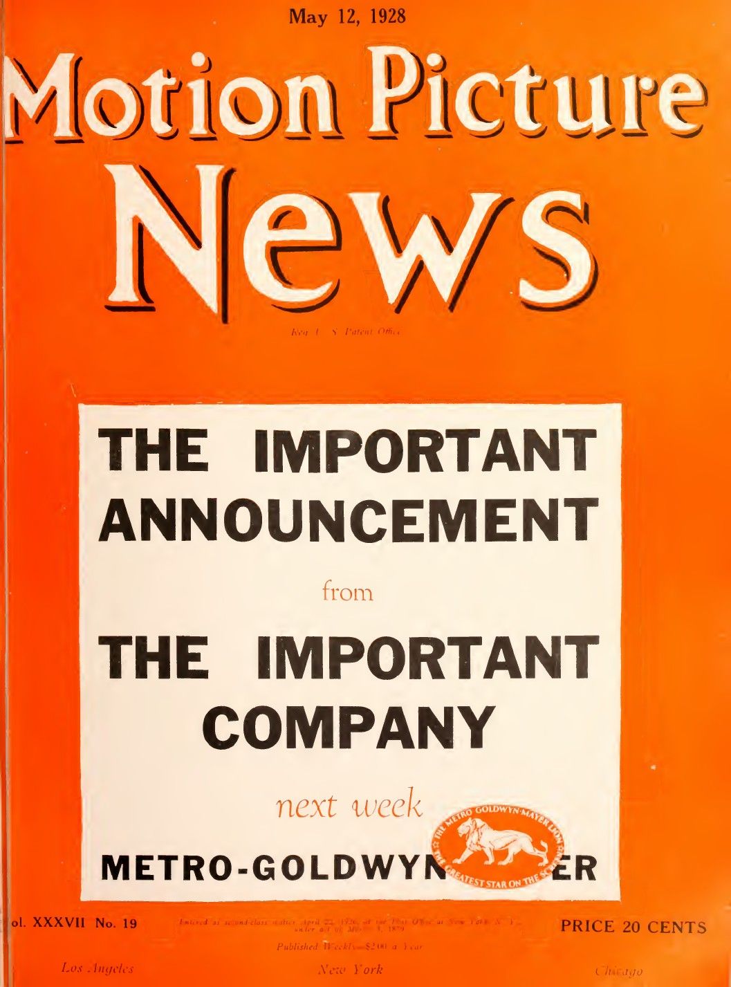 MOTION PICTURE NEWS magazine side cover 12 May 1928