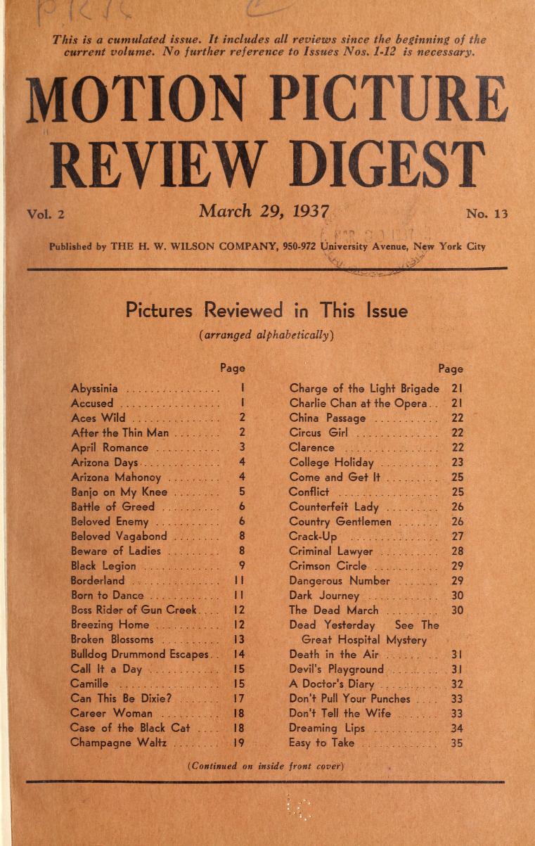 MOTION PICTURE REVIEW DIGEST magazine side cover 29 March 1937