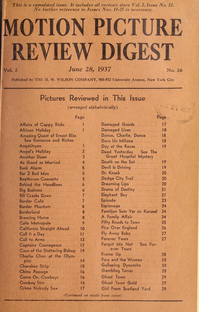 MOTION PICTURE REVIEW DIGEST magazine side cover 28 June 1937