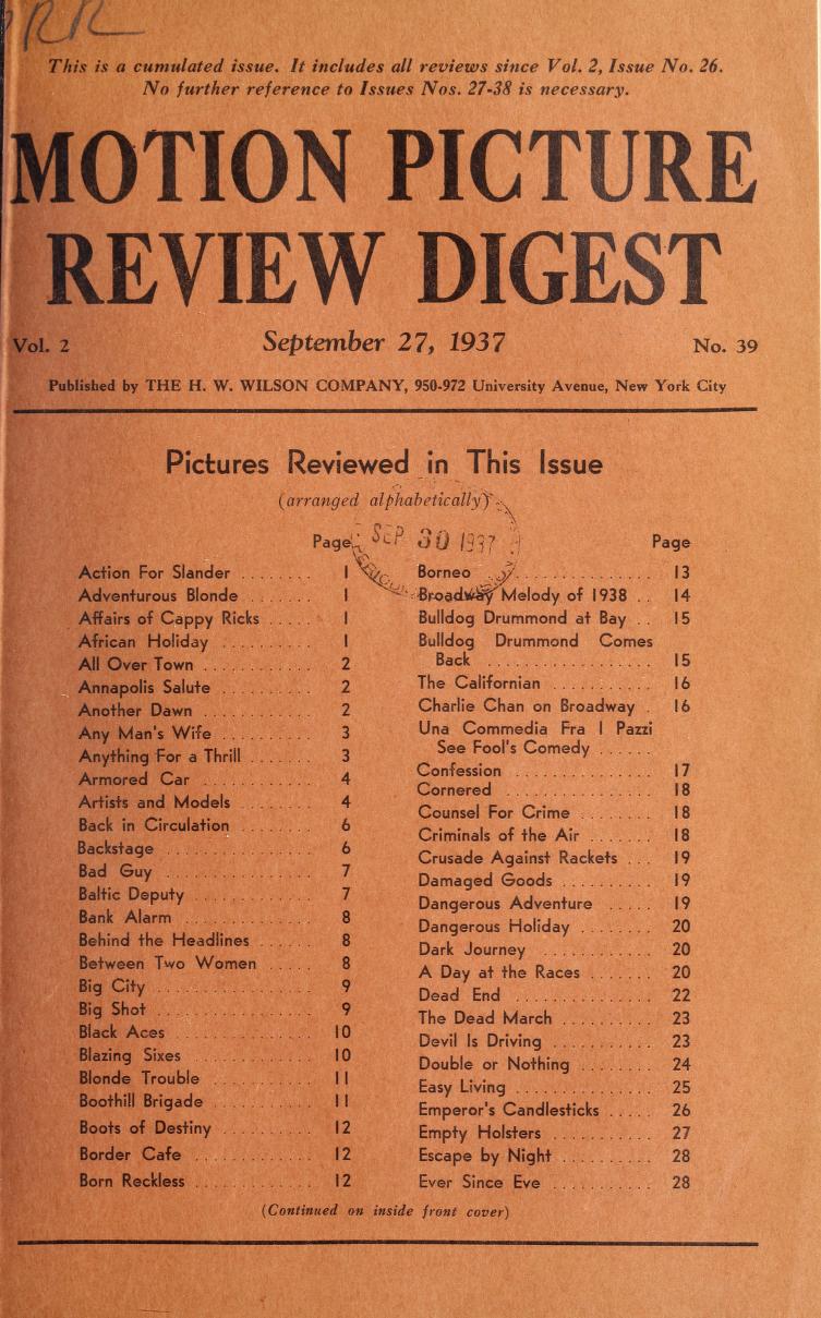 MOTION PICTURE REVIEW DIGEST magazine side cover 27 September 1937