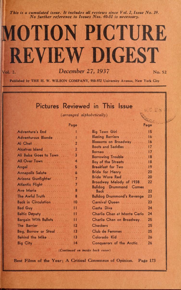 MOTION PICTURE REVIEW DIGEST magazine side cover 27 December 1937