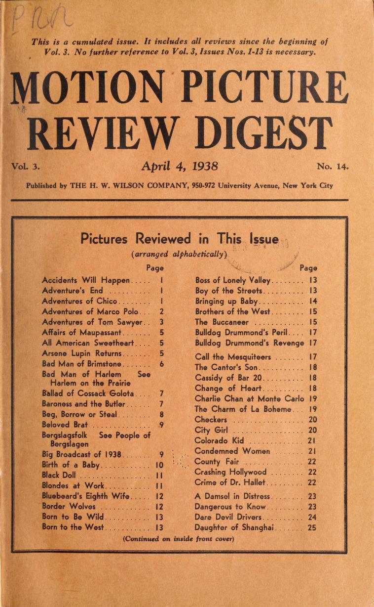 MOTION PICTURE REVIEW DIGEST magazine side cover 4 April 1938