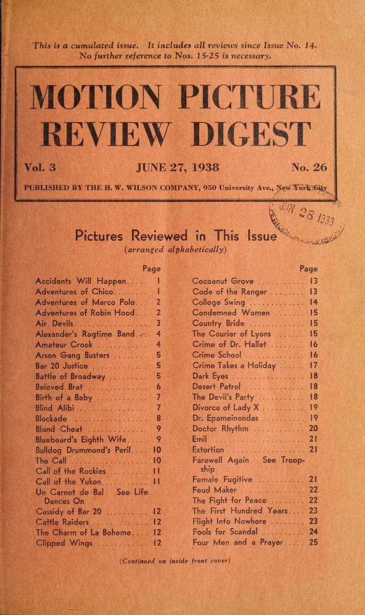 MOTION PICTURE REVIEW DIGEST magazine side cover 27 June 1938