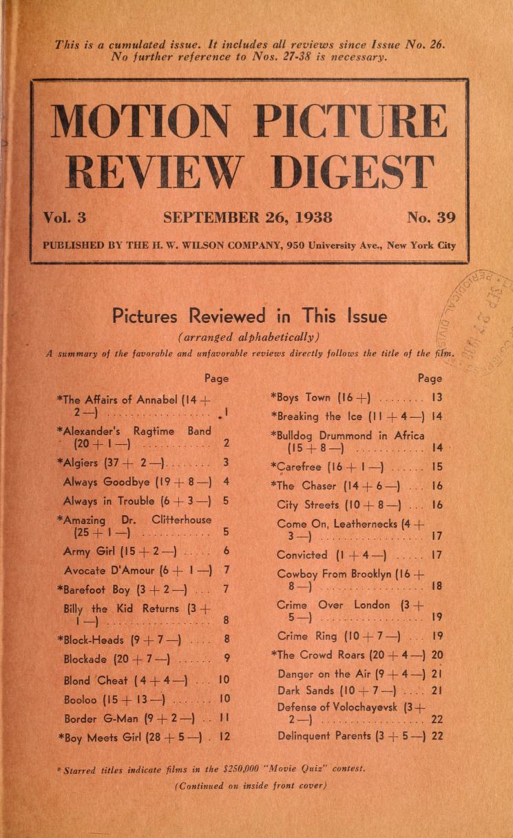 MOTION PICTURE REVIEW DIGEST magazine side cover 26 September 1938