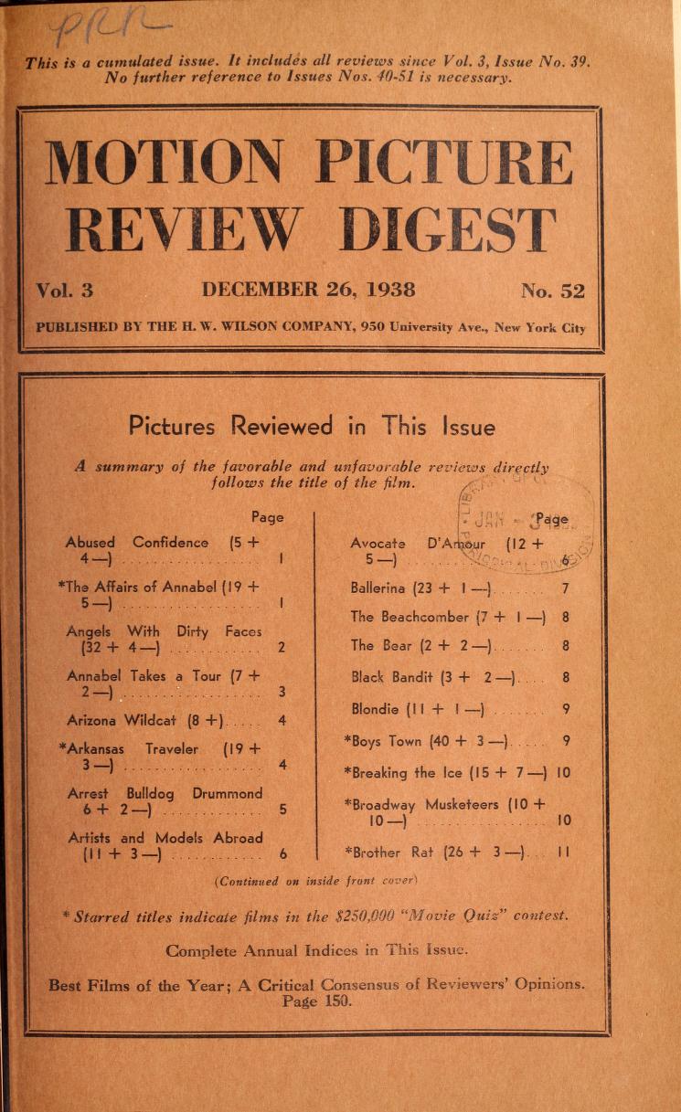 MOTION PICTURE REVIEW DIGEST magazine side cover 26 December 1938