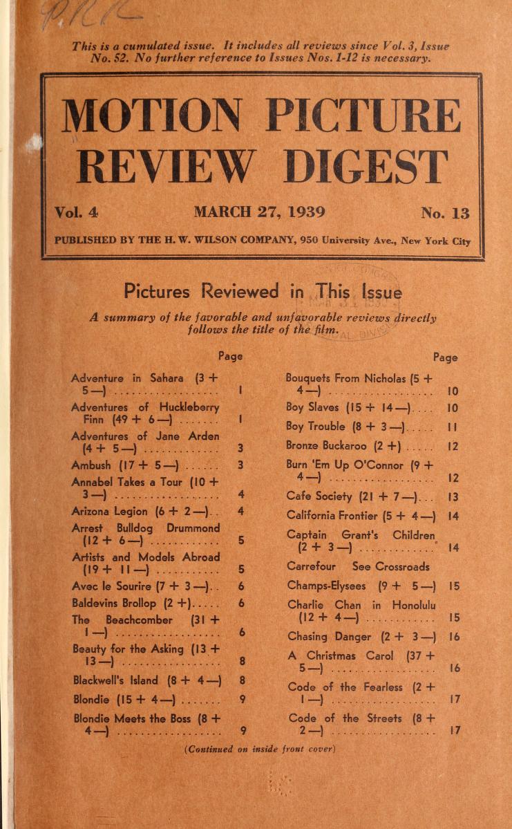MOTION PICTURE REVIEW DIGEST magazine side cover 27 March 1939