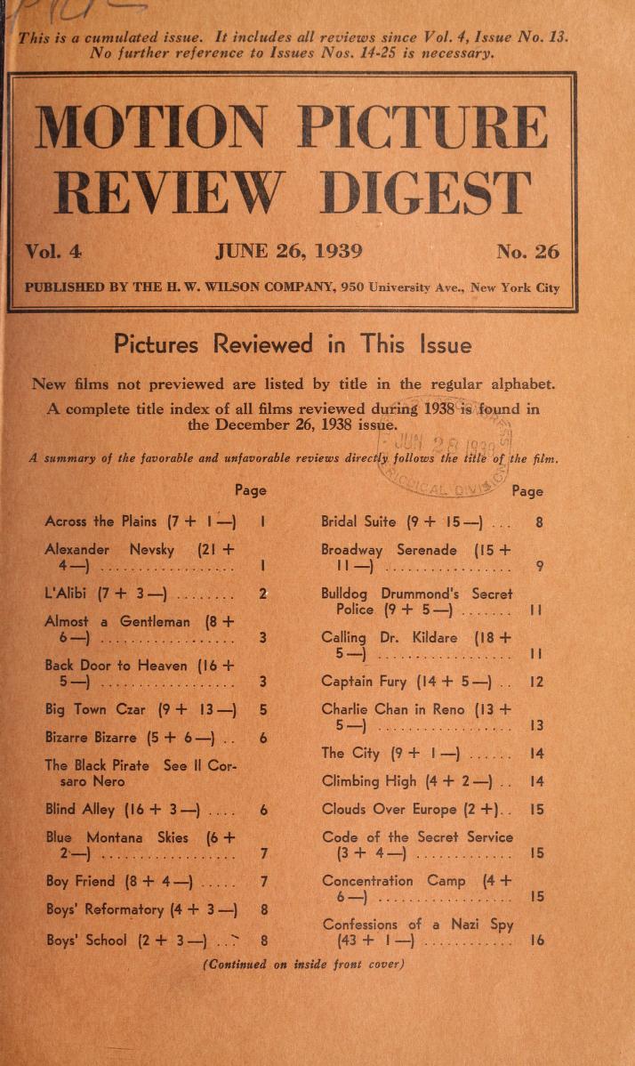MOTION PICTURE REVIEW DIGEST magazine side cover 26 June 1939