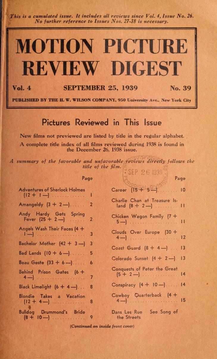 MOTION PICTURE REVIEW DIGEST magazine side cover 25 September 1939