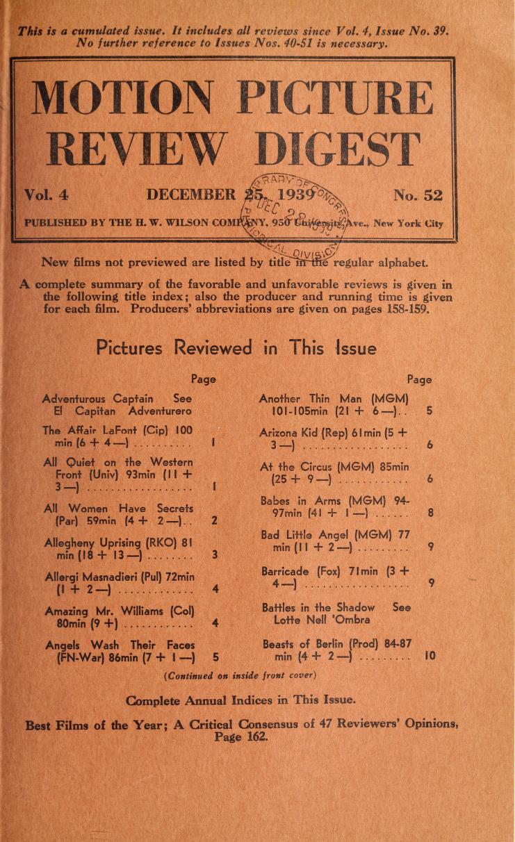 MOTION PICTURE REVIEW DIGEST magazine side cover 25 December 1939