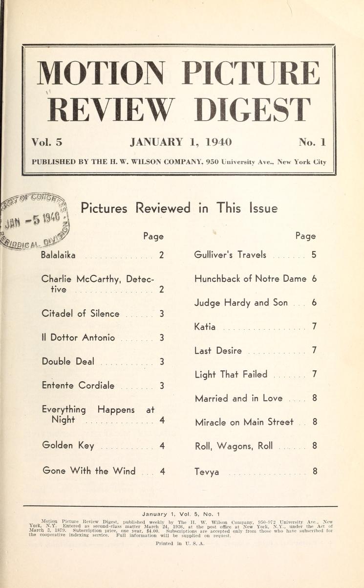 MOTION PICTURE REVIEW DIGEST magazine side cover 1 January 1940