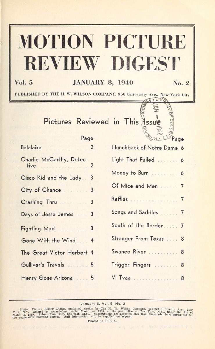 MOTION PICTURE REVIEW DIGEST magazine side cover 8 January 1940