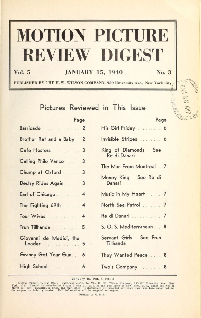 MOTION PICTURE REVIEW DIGEST magazine side cover 15 January 1940