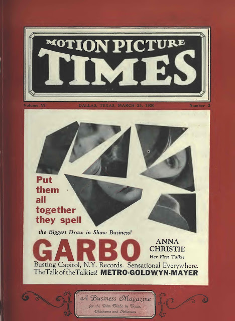 MOTION PICTURE TIMES (1920s) magazine side cover  Vol 6 No  2 25 March 1930