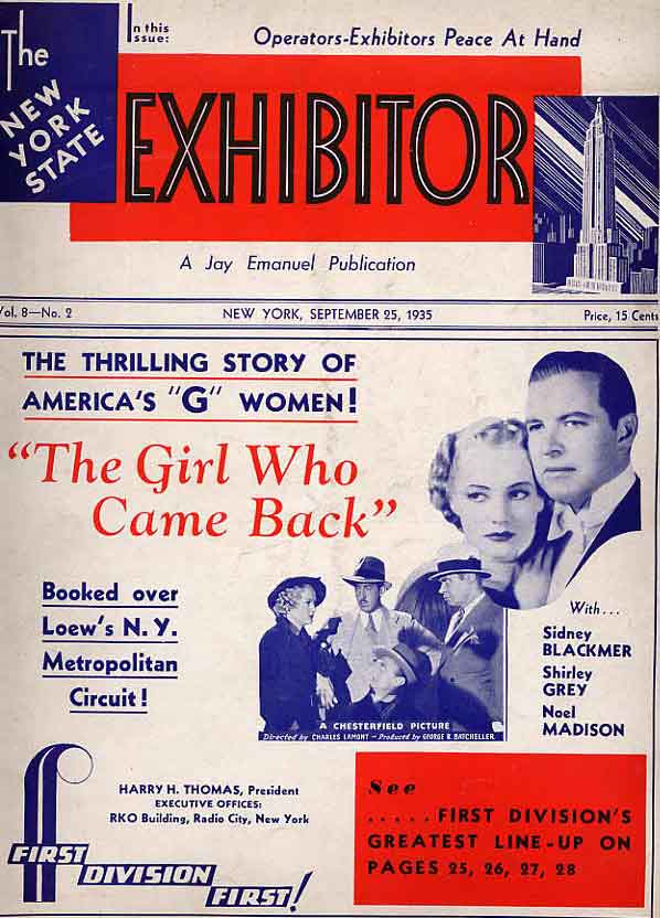 NEW YORK STATE EXHIBITOR magazine side cover Vol 8 # 2 25 September 1935