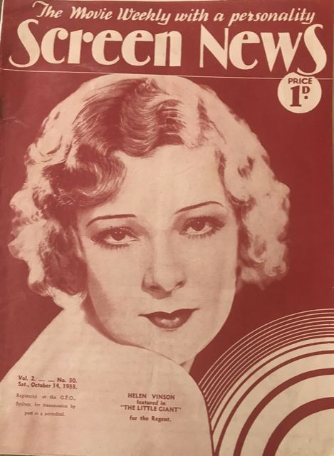 NEW SCREEN NEWS magazine side cover  Vol 2 No  30 14 October 1933