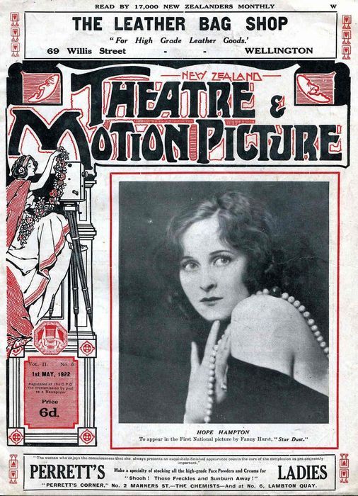 NEW ZEALAND THEATRE AND MOTION PICTURE magazine side cover 1 May 1922