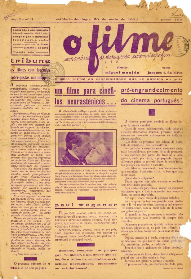 O FILME magazine side cover Issue 3 20 May 1934
