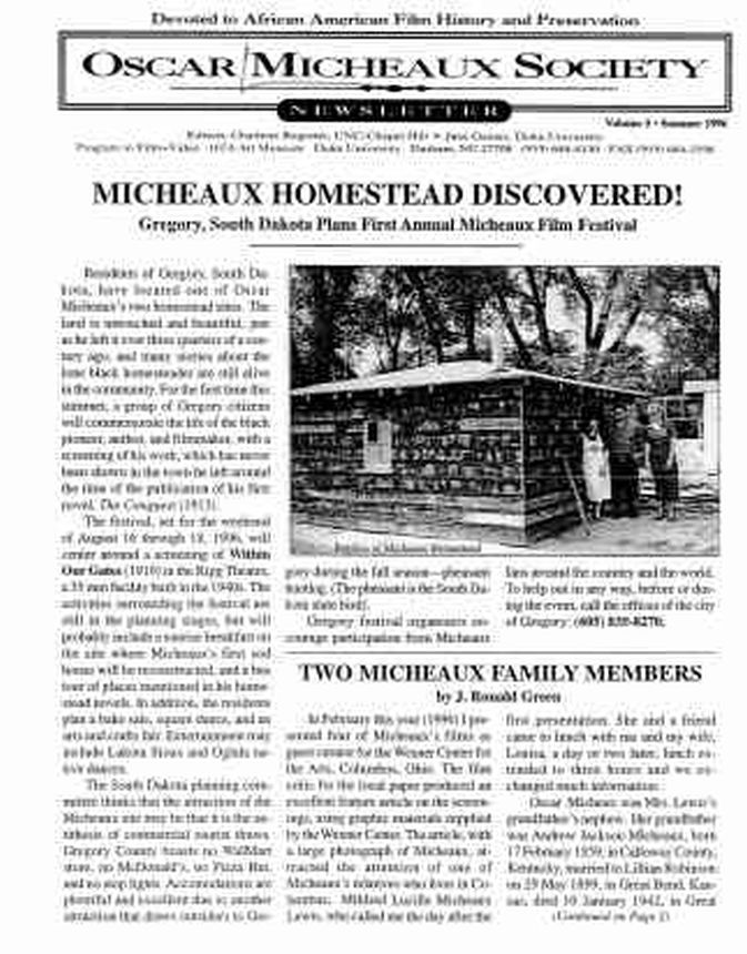OSCAR MICHEAUX SOCIETY NEWSLETTER magazine side cover   1996