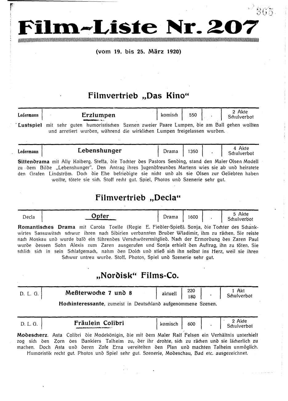 PAIMANNS FILMLISTEN magazine side cover Issue 207 25 March 1920
