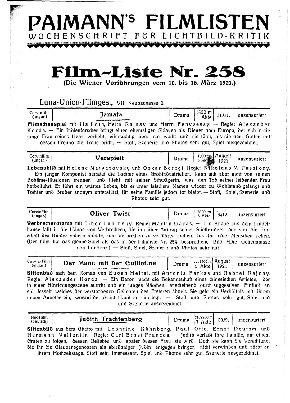 PAIMANNS FILMLISTEN magazine side cover Issue 258 16 March 1921