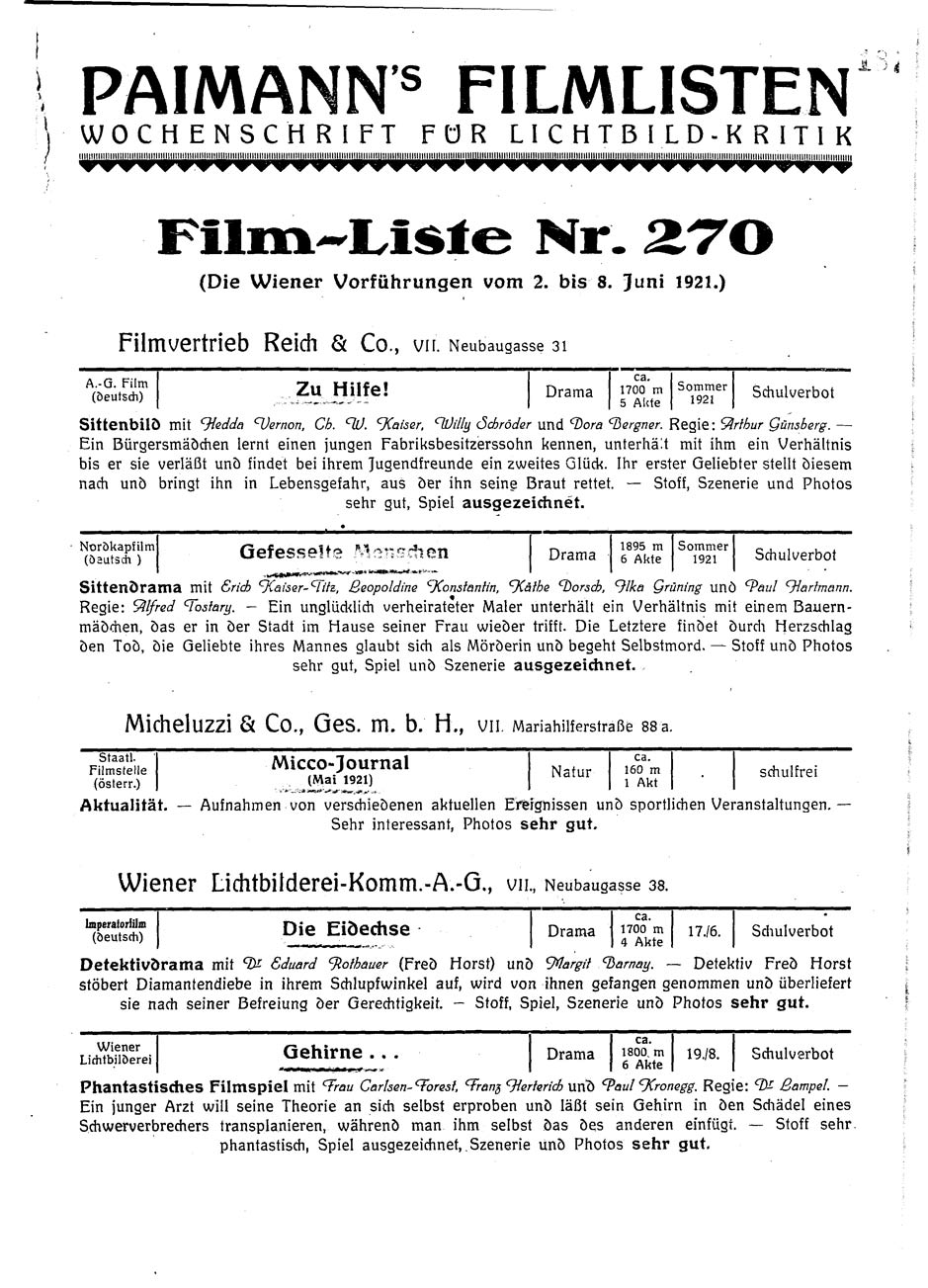 PAIMANNS FILMLISTEN magazine side cover Issue 270 8 June 1921