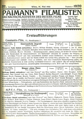 PAIMANNS FILMLISTEN magazine side cover Issue 1920 May 1952
