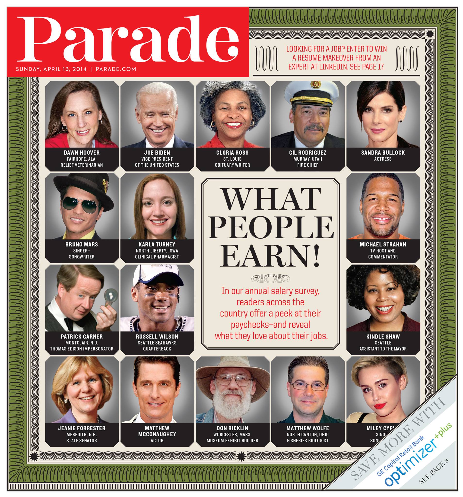 PARADE (USA) magazine side cover 15 April 2014