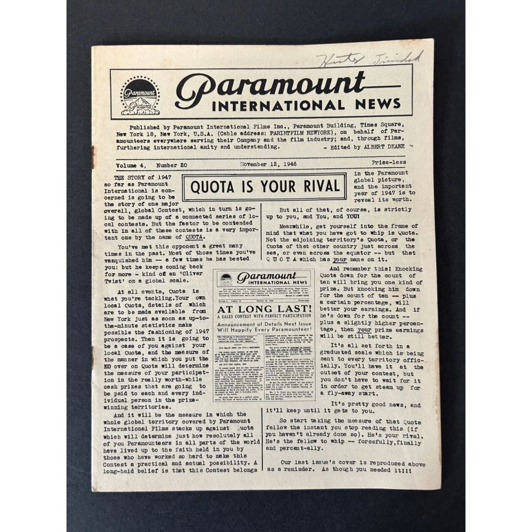 PARAMOUNT INTERNATIONAL NEWS magazine side cover 12 November 1946