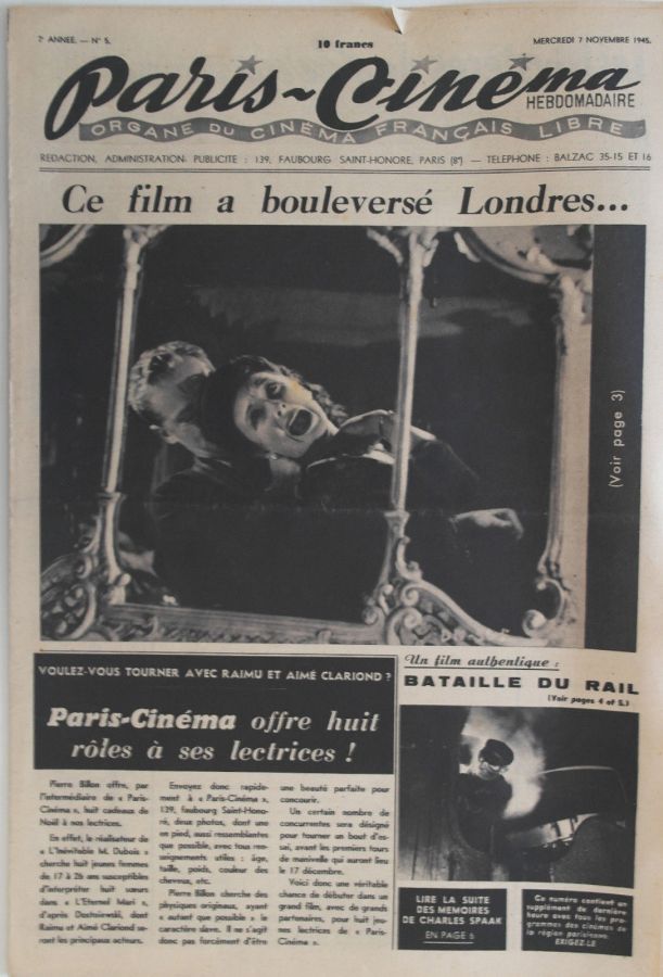 PARIS-CINEMA magazine side cover Issue 5 7 November 1945