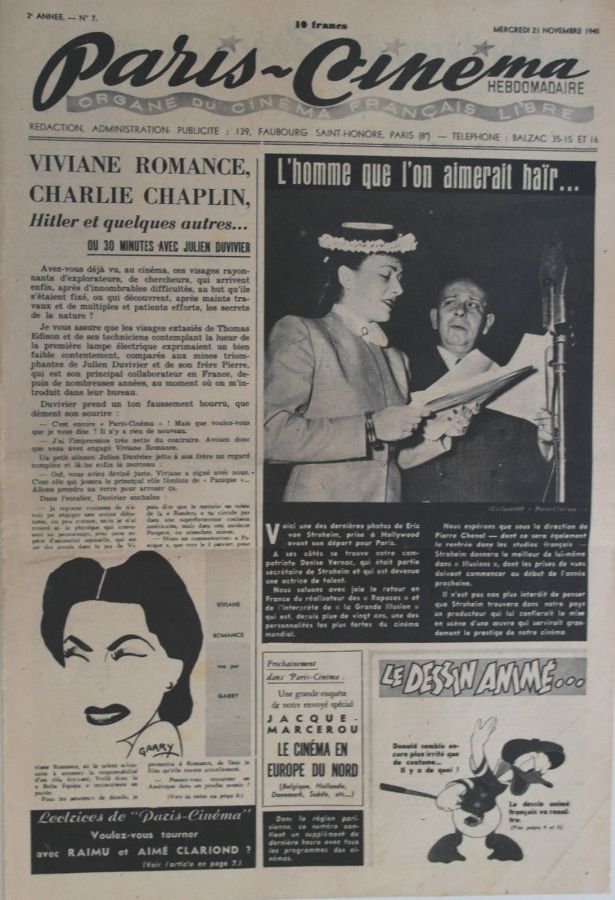 PARIS-CINEMA magazine side cover Issue 7 21 November 1945