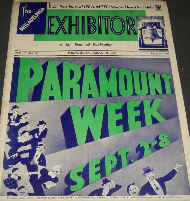 PHILADELPHIA EXHIBITOR magazine side cover 15 August 1934