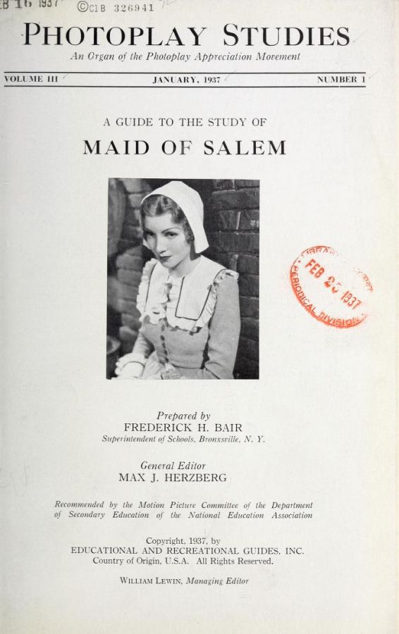 PHOTOPLAY STUDIES magazine side cover Issue 1 January 1937