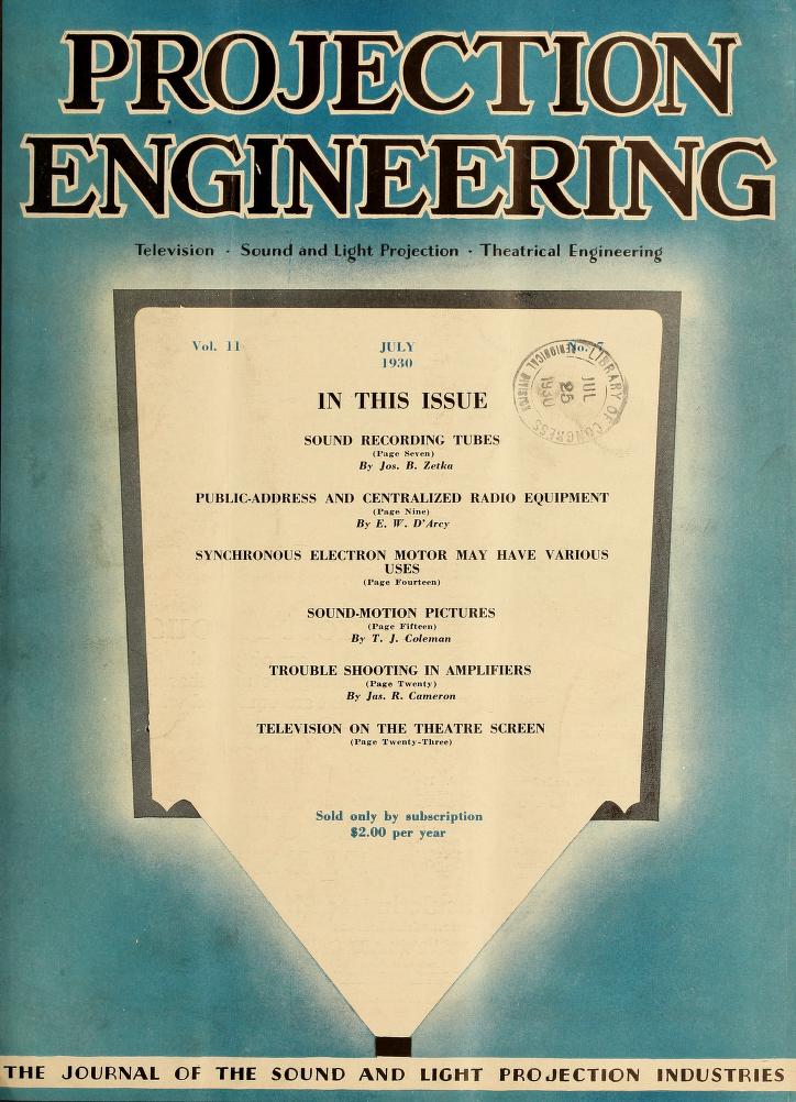 PROJECTION ENGINEERING magazine side cover July 1930