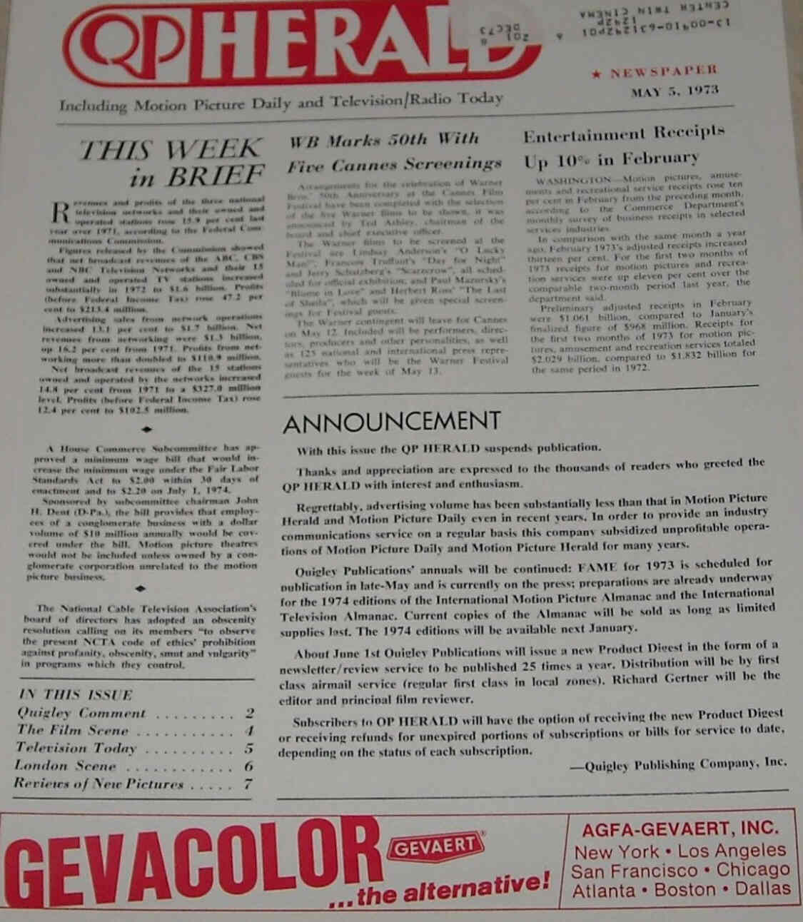 QP HERALD magazine side cover 5 May 1973
