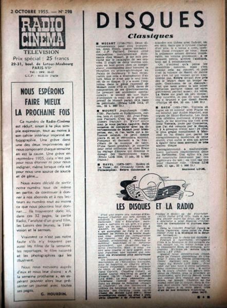 RADIO CINEMA TELEVISION/TELERAMA magazine side cover Issue 298 2 October 1955